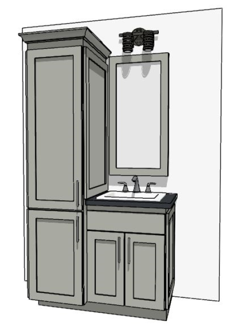 37-48" Vanity with two-door linen cabinet on the left and sink over a false drawer front and two doors on right