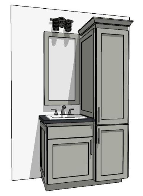 37-48" Vanity with two-door linen cabinet on the right and sink over false drawer front and one door on left