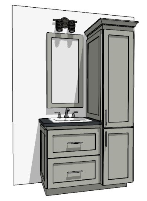 37-48" Vanity with two-door linen cabinet on the right and sink over two drawers on left