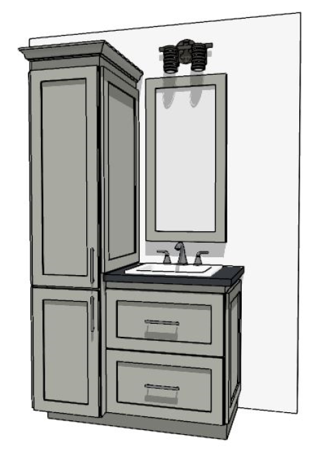 37-48" Vanity with two-door linen cabinet on the left and sink over two drawers on right