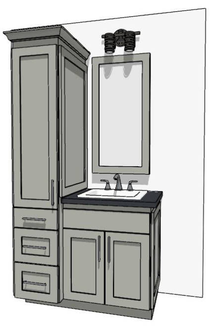 37-48" Vanity with 3-drawer linen cabinet on the left and sink over false drawer front and two doors on right