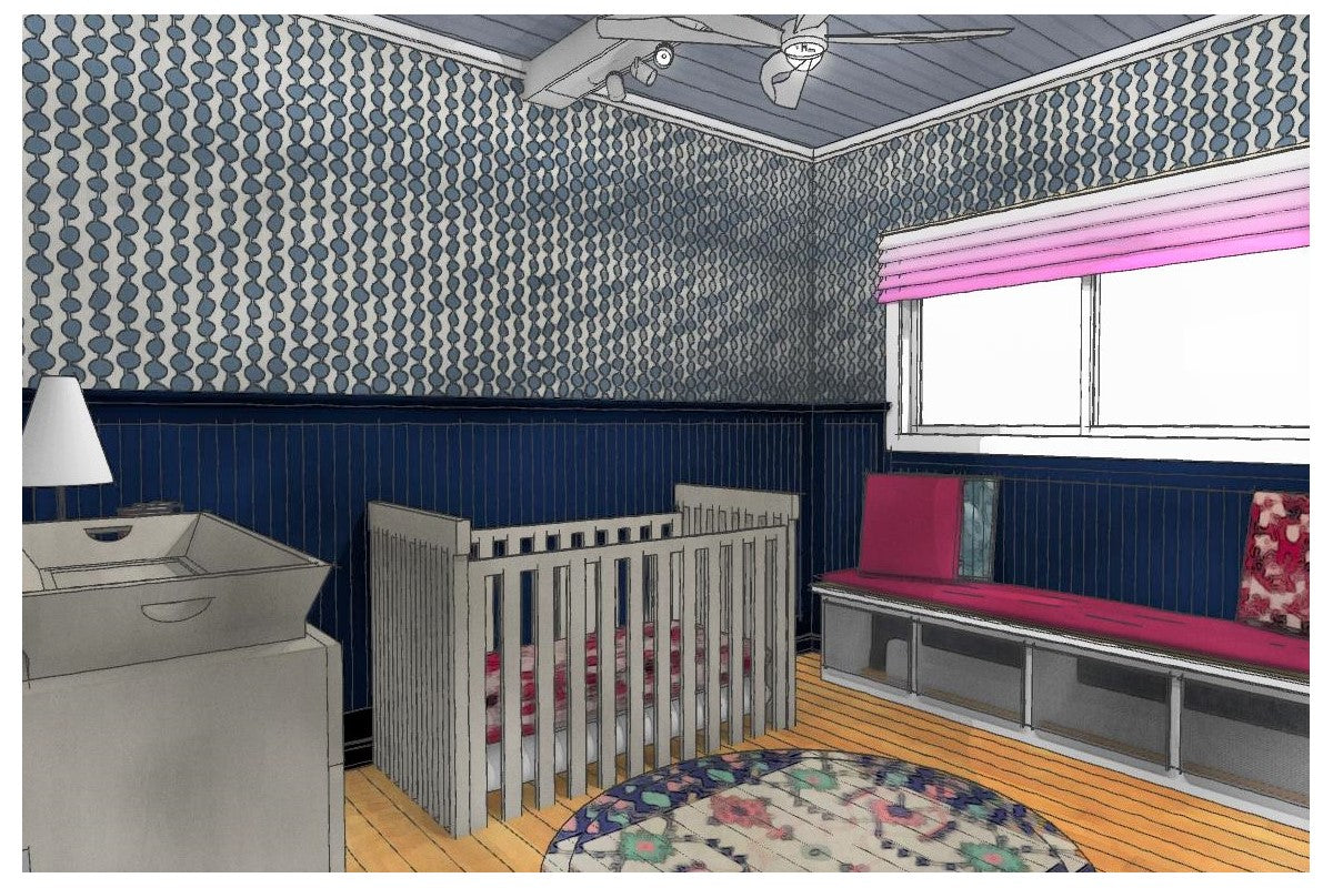 Artistic Rendering of Baby Girl's Blue and Magenta Nursery