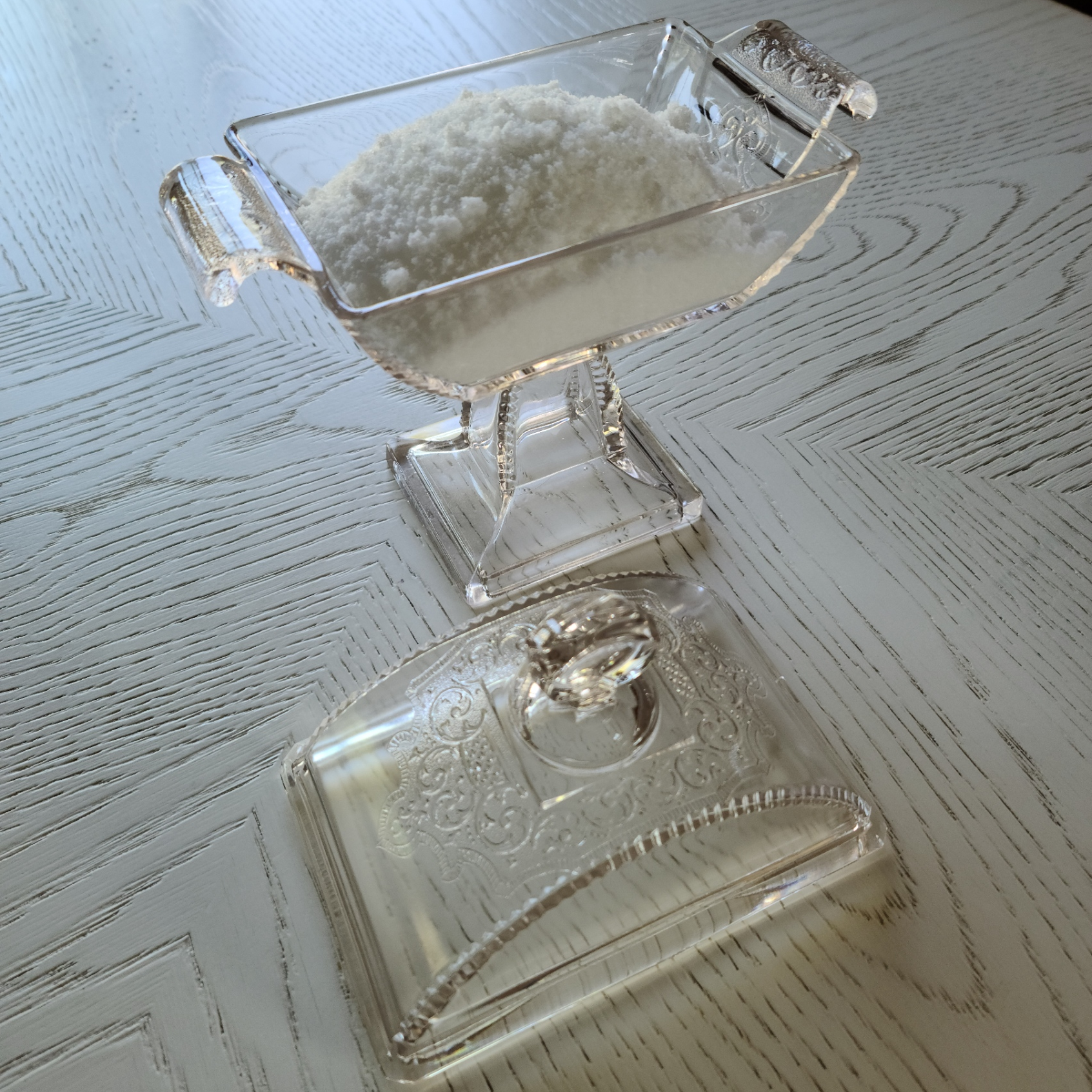 Homemade Bath Salts in Pressed Glass Compote Dish with Lid