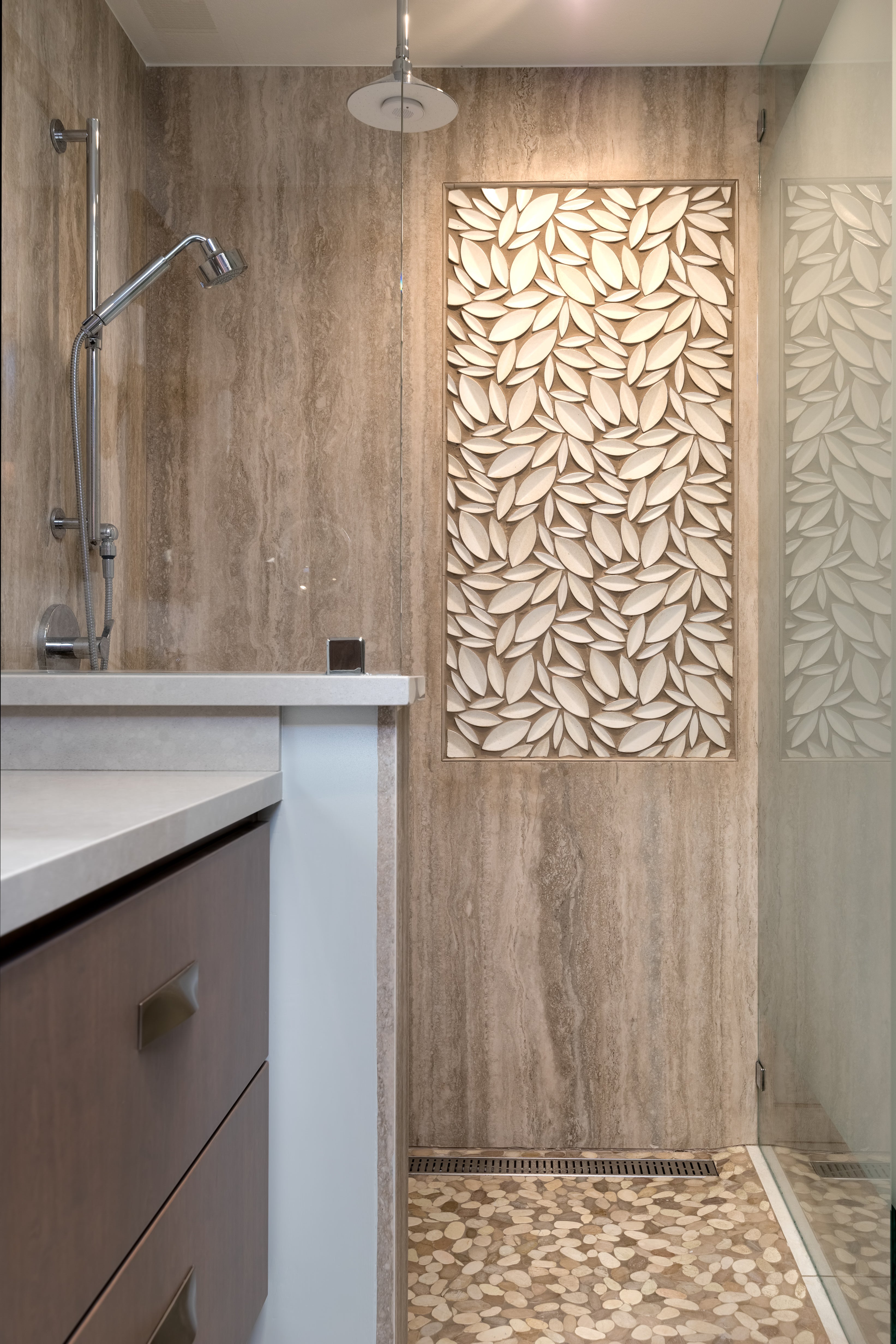 Modern Master Bathroom with taupe wood, travertine, custom vanity and wardrobe. Designed by Jackie Lopey, Certfied Interior Designer