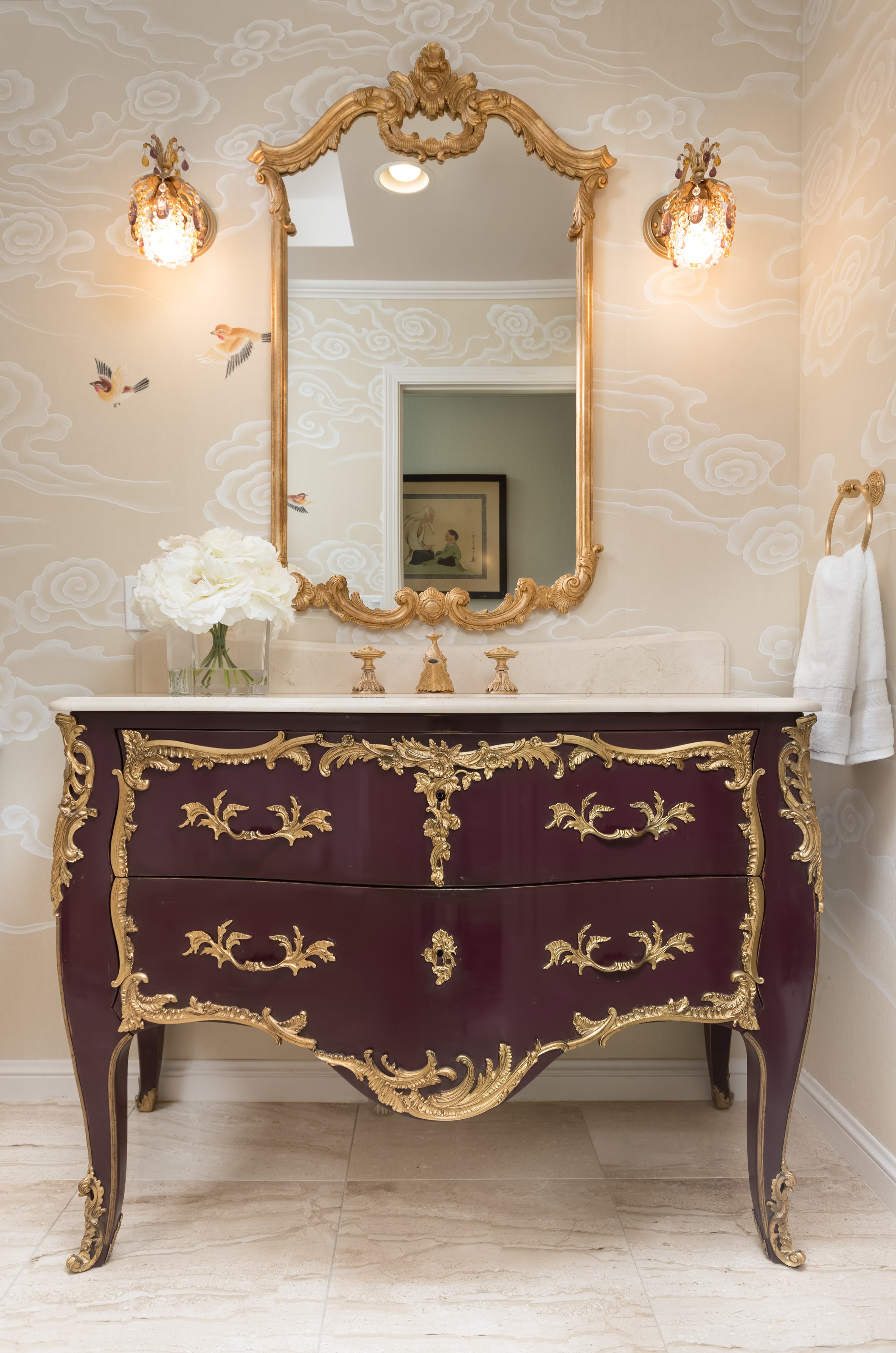 Purple French Country Chest as Bathroom vanity with wallpaper and marble
