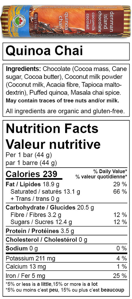 Denman Island Chocolate nutrition facts for Quinoa Chai chocolate bar. Always organic, vegan, fair trade, and gluten-free.