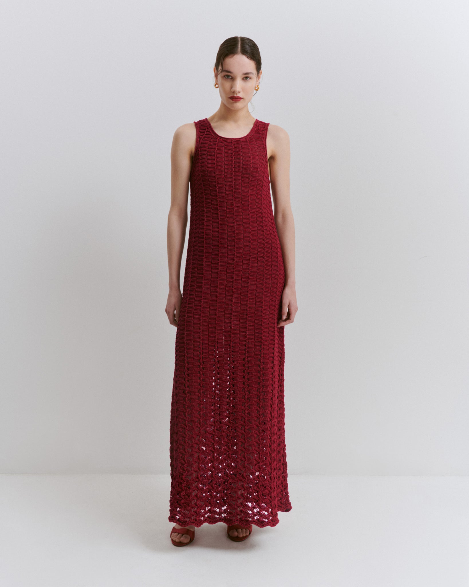 Model wears Issue Twelve Edie knitted cotton red dress
