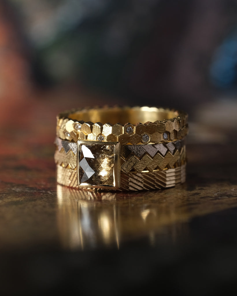 Jo Hayes Ward | Jewellery Designer London| Design led fine jewellery | Stacking rings | Unique diamonds | Hex Parquet Contour