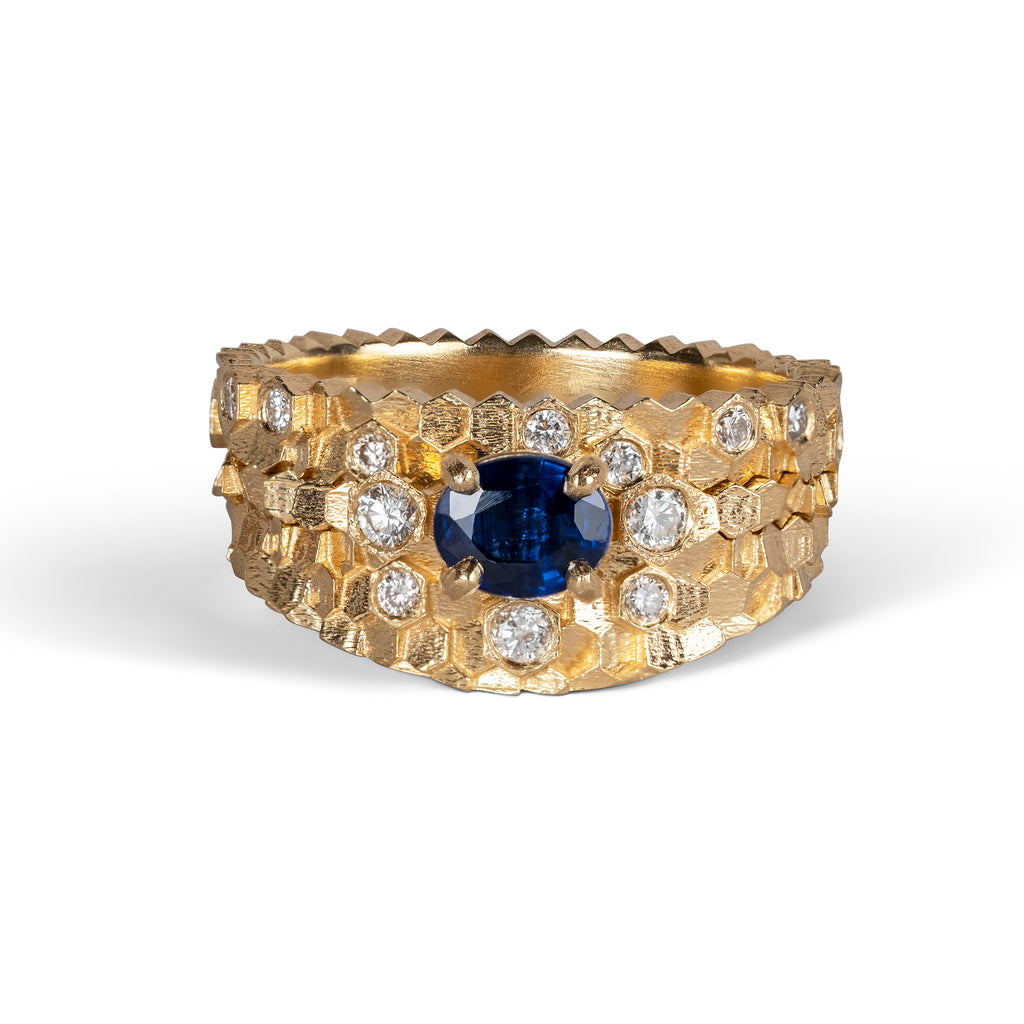 Lizanne small horizon ring, sapphire single hex ring and diamond double hex ring!