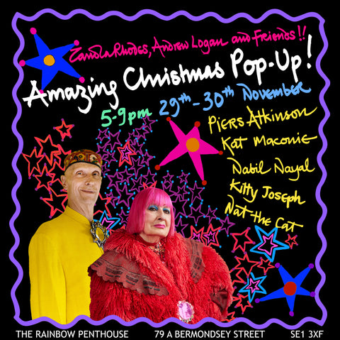 Andrew Logan with his great friend Zandra Rhodes, welcoming visitors to the 2023 Christmas Pop-Up in Bermondsey.