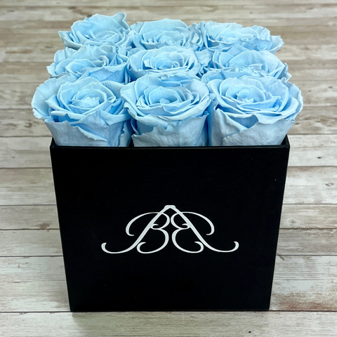Square Black Infinity Rose Box | Baby Blue One Year Roses