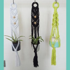 Mini macramé plant hangers made with ‘non-binary’ colours.