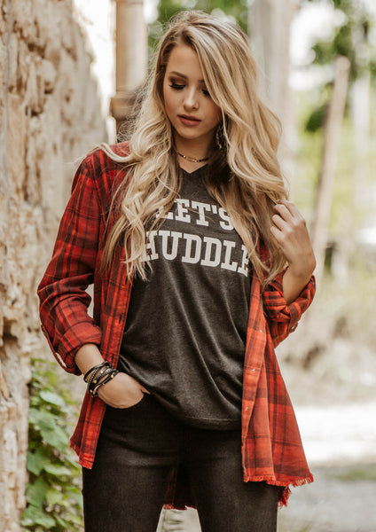 shop siloe online boutique features how to style a dear john red plaid top & lets huddle graphic tee for a game day tailgate outfit