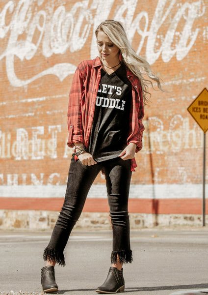 shop siloe online boutique features how to style a dear john red plaid top & lets huddle graphic tee for a game day tailgate outfit