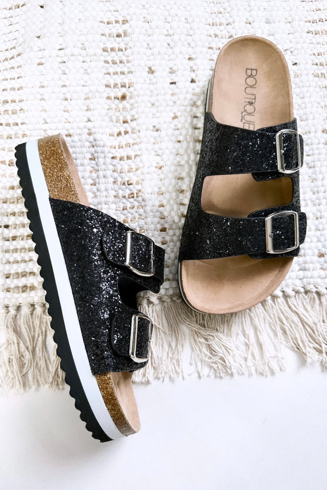 Beach Babe Two Strap Sandals | Black Glitter