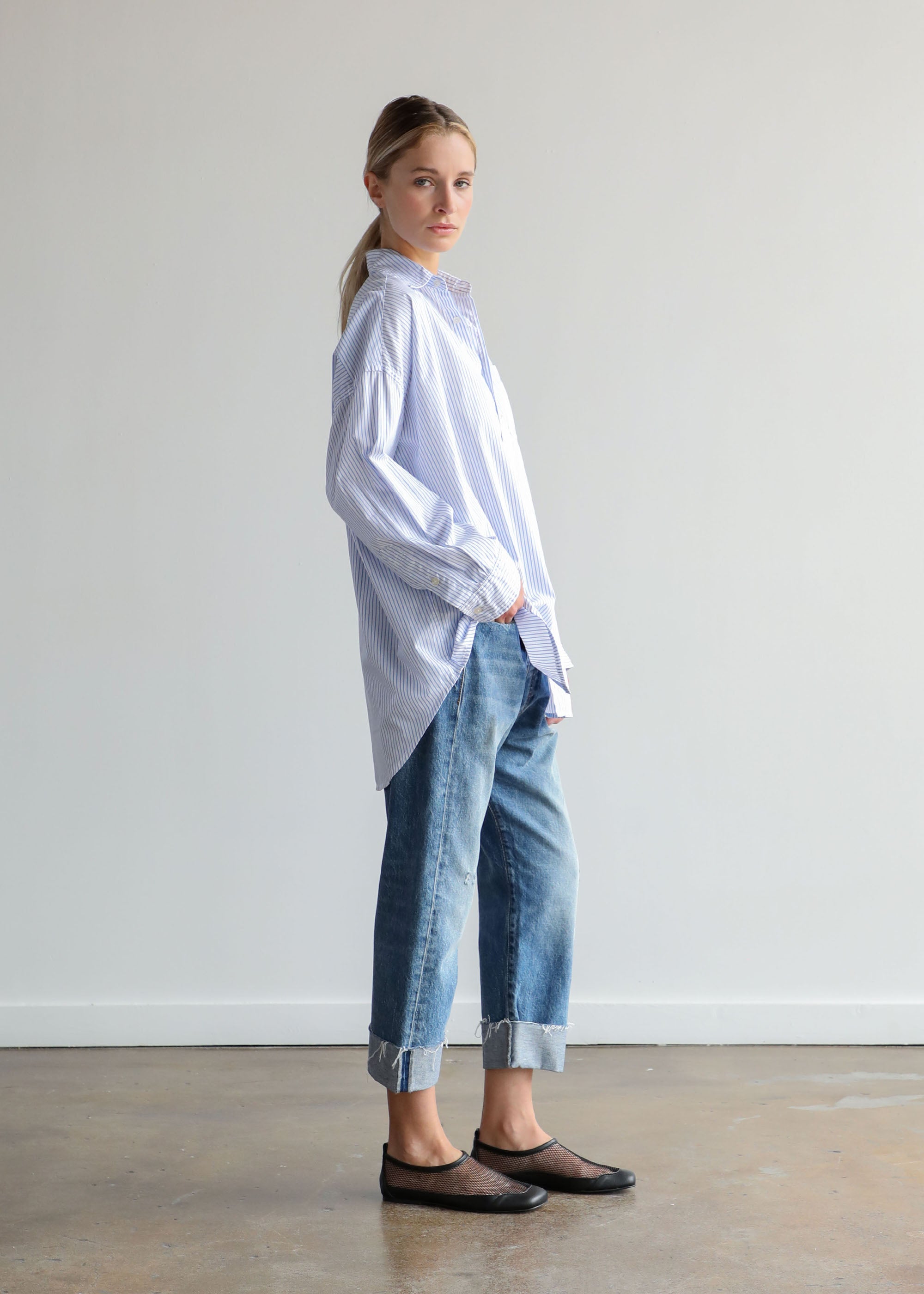 Oversized Button Up Shirt in Blue Stripe