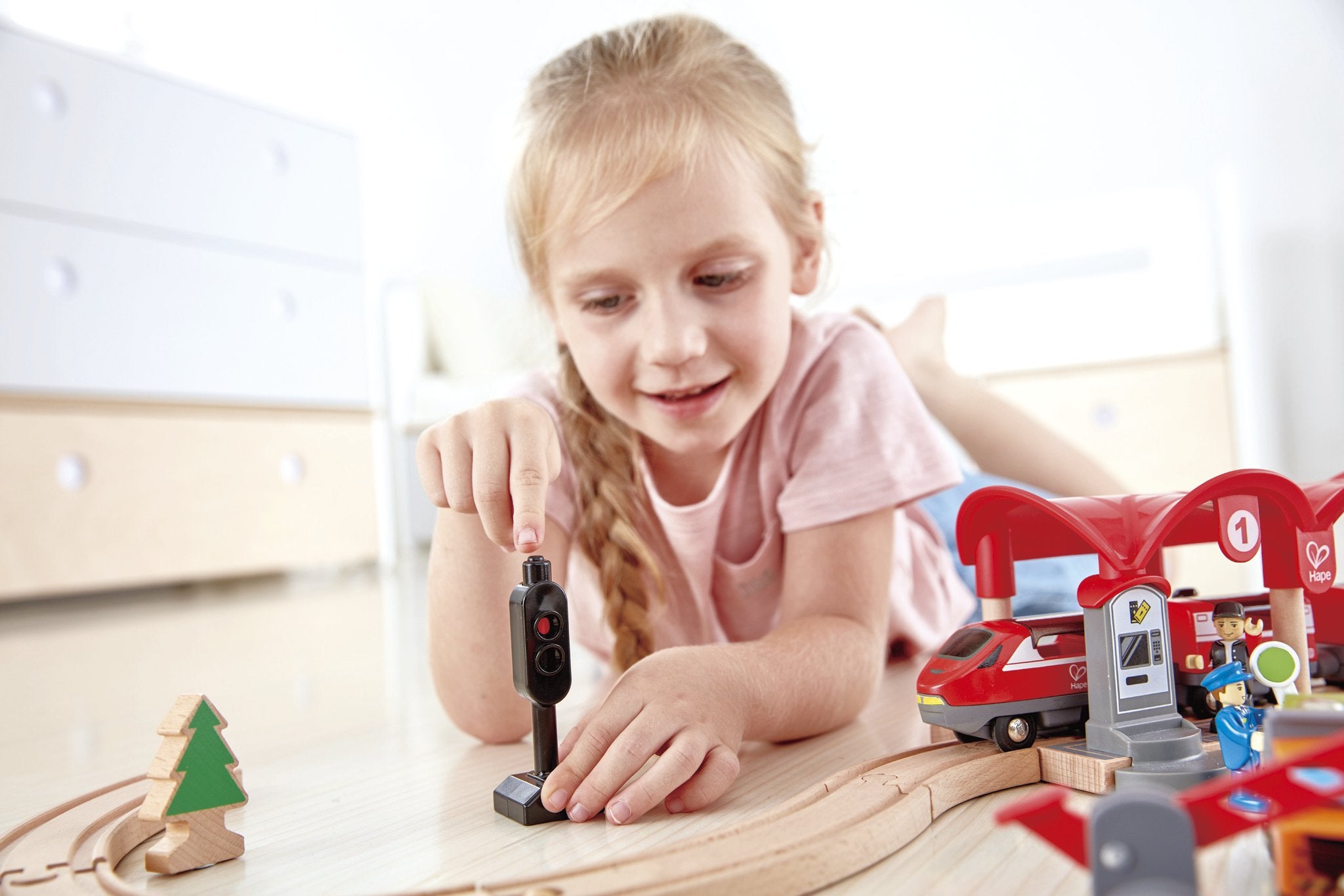 hape railway wooden train busy city rail set