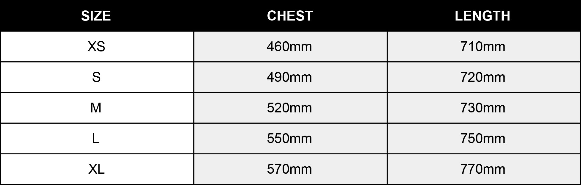 T-shirt size chart