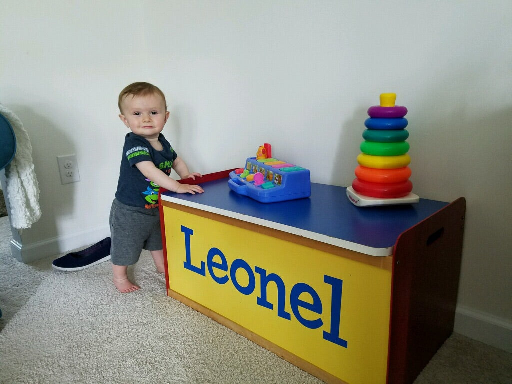 child's toy box with name