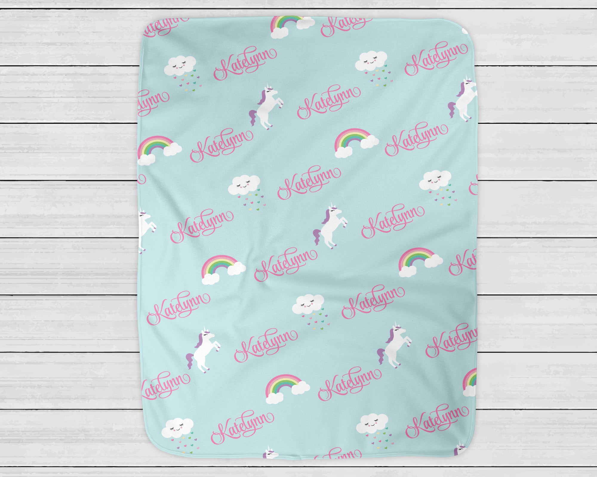 Personalized Unicorn Baby Blanket With Happy Rain Clouds