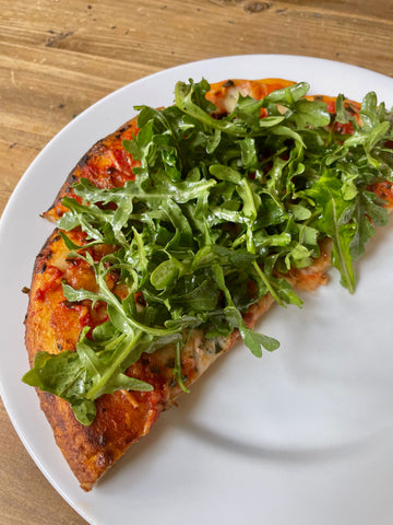 Annie’s Organic Margherita Pizza topped with arugula