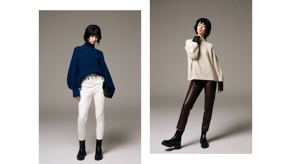 Two-SKIIM-looks-to-wear-on-a-date-one-model-wears-Arlette-blue-jumper-with-white-leather-trousers-and-black-boots-the-other-model-wears-white-jumper-and-black-leather-trousers