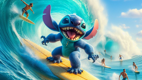 Stitch surfant sur la planche de David