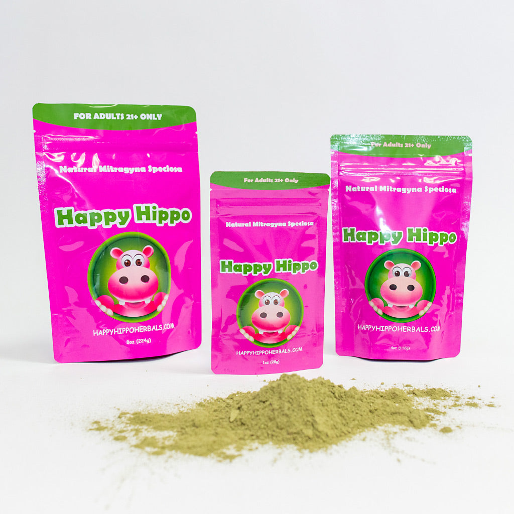 Photograhic image depicting three packages of Happy Hippo's best kratom powder