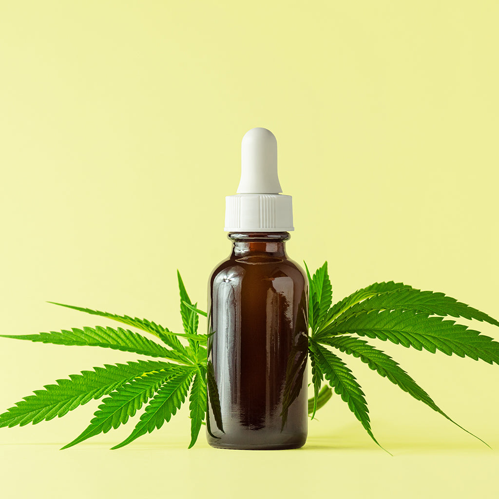 Graphic designed image depicting an amber tincture bottle containing CBD, surrounded on either side by bushy cannabis leaves against a pale yellow background.