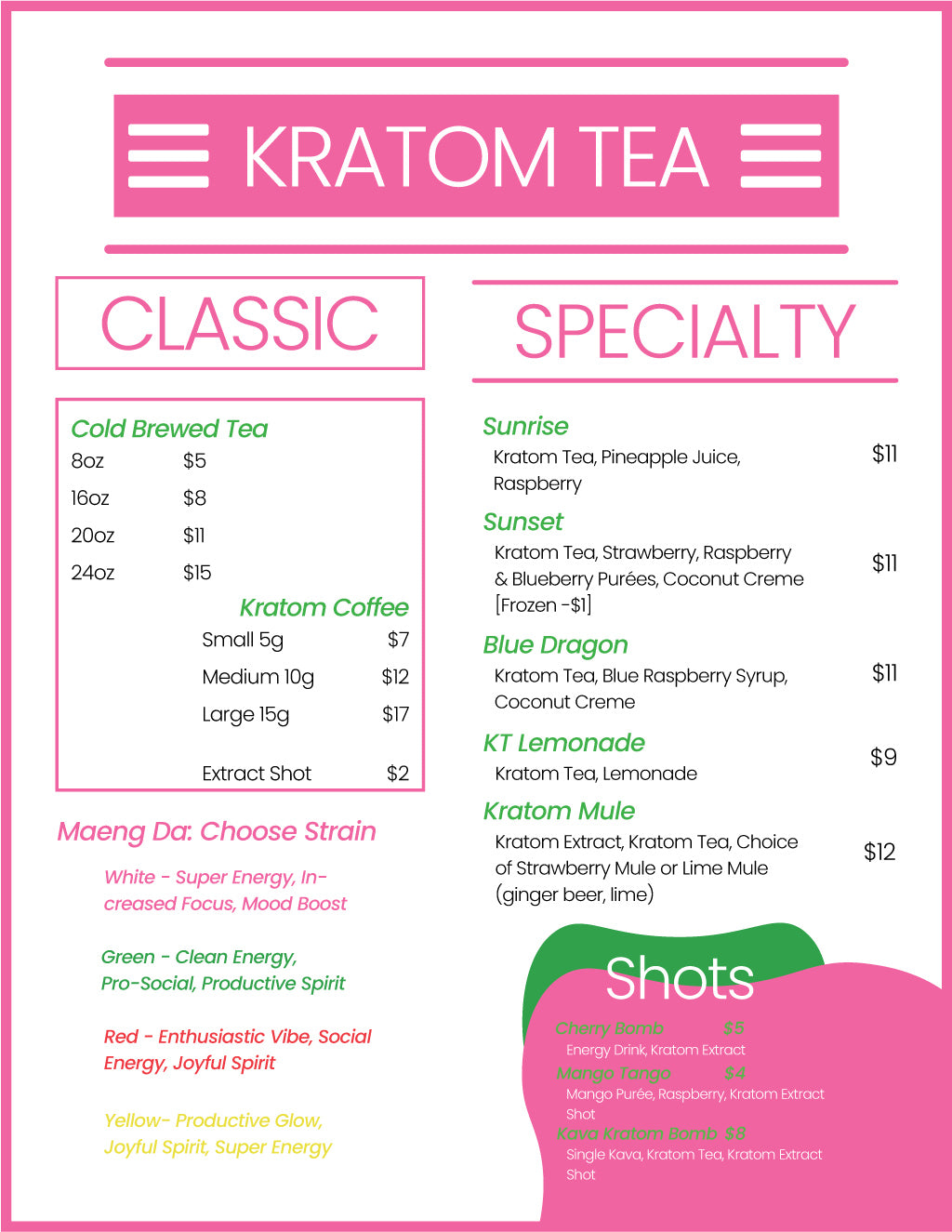 Infographic image depicting a typical menu for a kratom bar - The menu includes a variety of kratom coffee, kratom strains, kratom smoothies, and kratom shots (k shots)