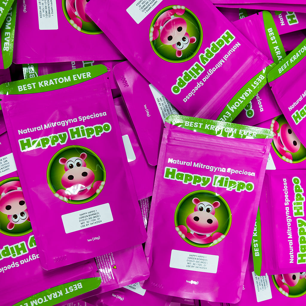 Happy hippo brand Green Borneo kratom powder packets forming a collage of images.