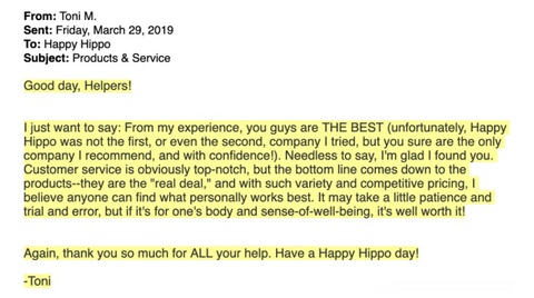 Screen captured image of a Happy Hippo customer comment (Toni M.), praising Happy Hippo's Amazing Customer Service