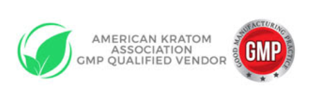 Graphic Designed image depicting the logos of the American Kratom Association along side the GMP (Good Manufacturing Practices) Certification badge - Indicating Happy Hippo is a member of the AKA and a GMP Certified Kratom Vendor