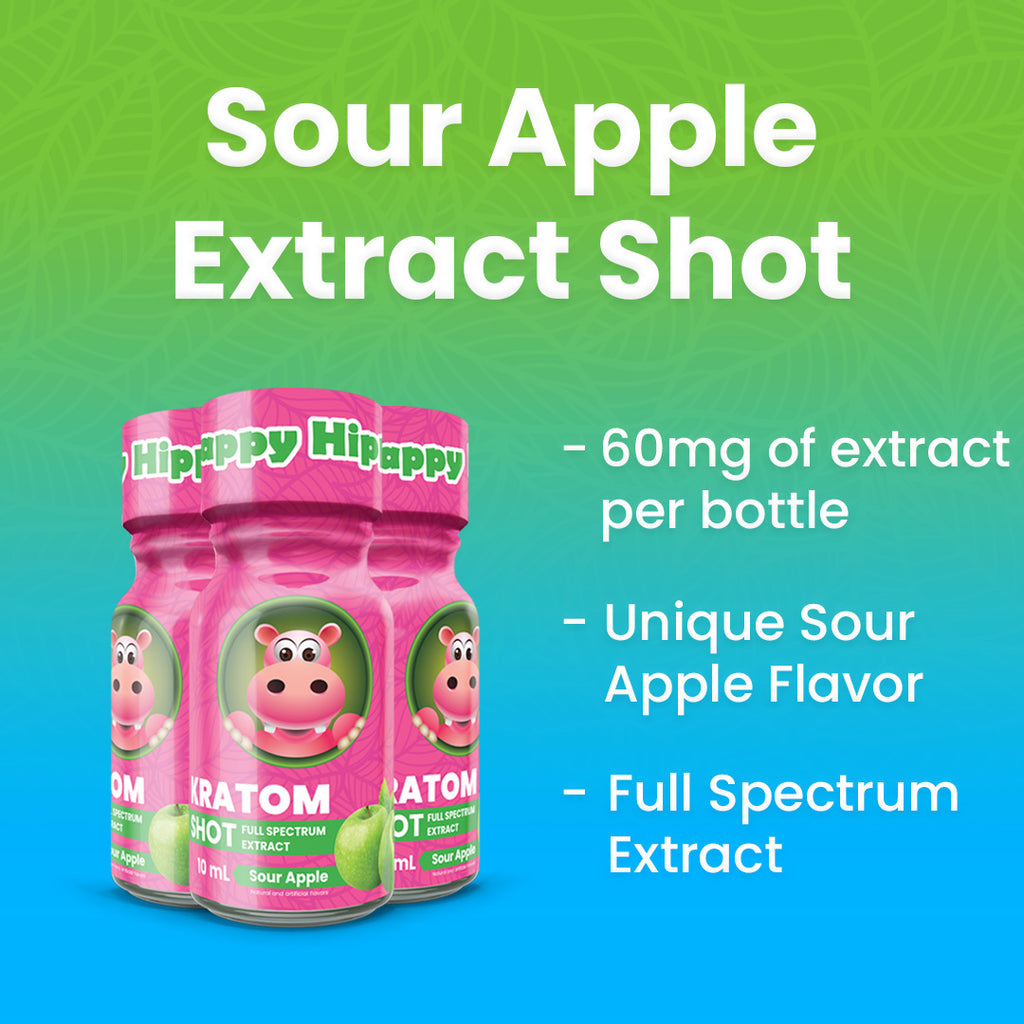 Product image depicting a trifecta of 3 bottles of Sour Apple Kratom Extract: Kratom Energy Shot (K Shot) from Happy Hippo Herbals.