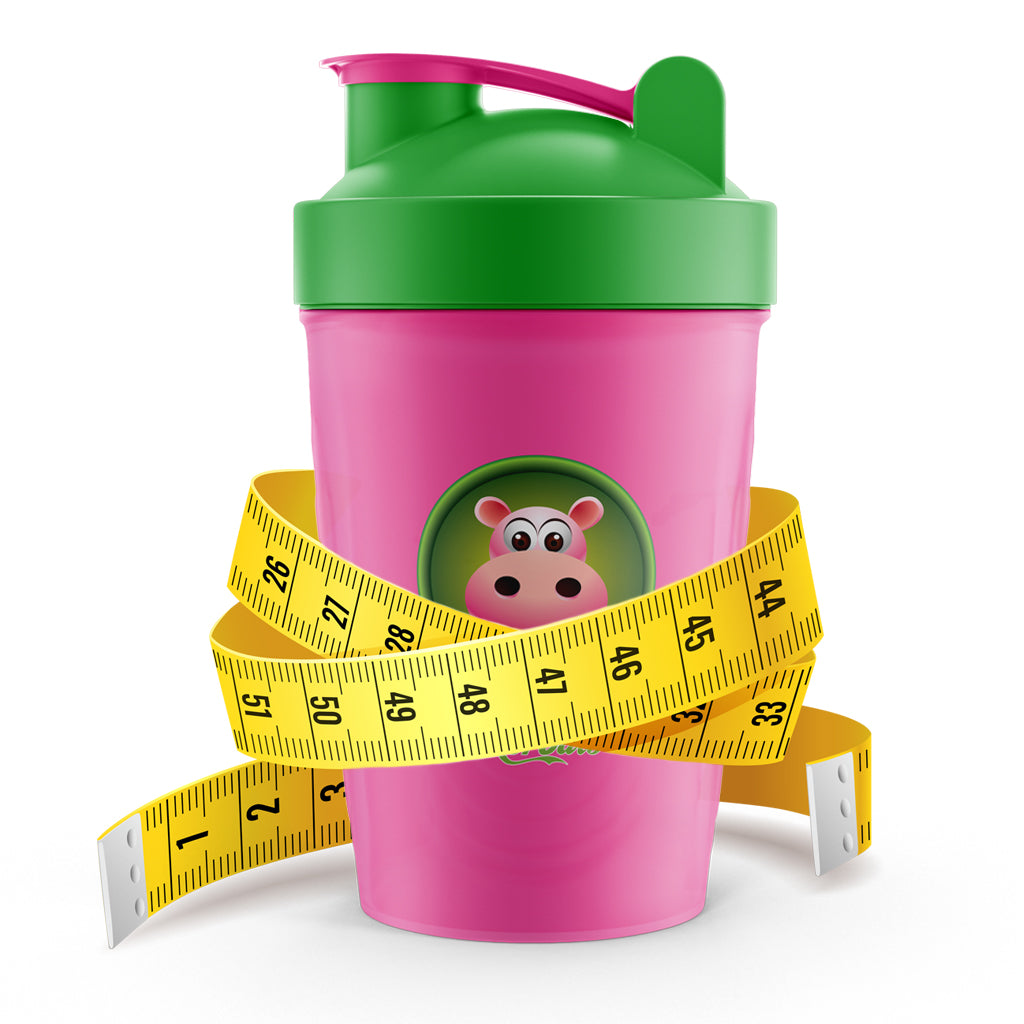 graphic designed image depicting a 16oz Happy Hippo Brand Shaker Bottle, wrapped around it's mid-section with a soft measuring tape - implying the idea of weight loss.
