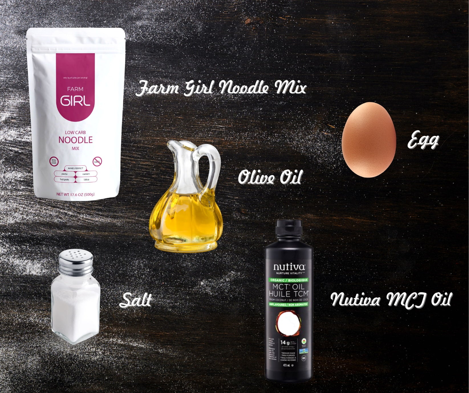 A picture of ingredients like olive oil, MCT oil, Farm Girl noodle mix, egg and salt.