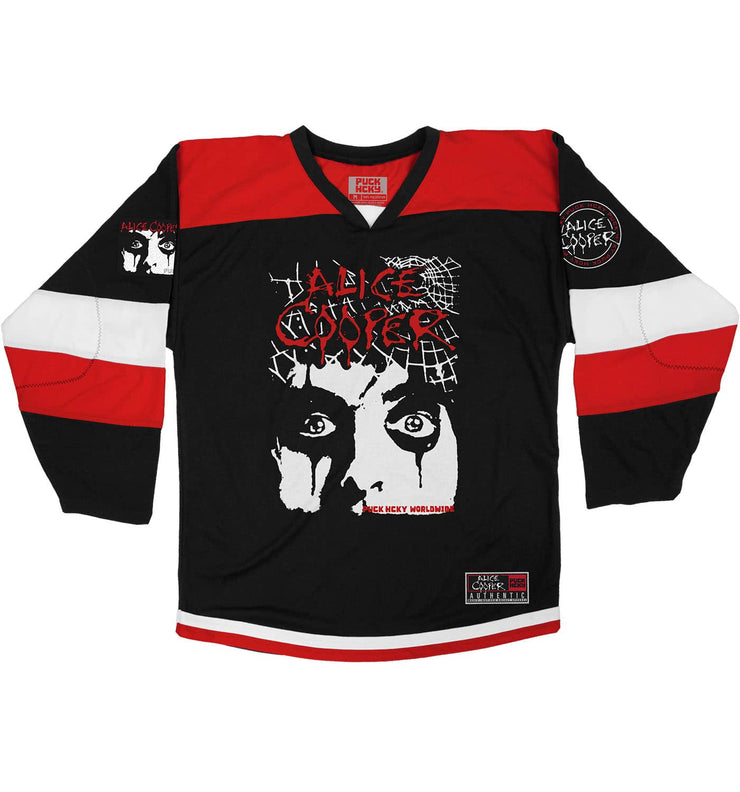 ALICE COOPER ‘THE SPIDERS’ hockey jersey in black, red, and white front view