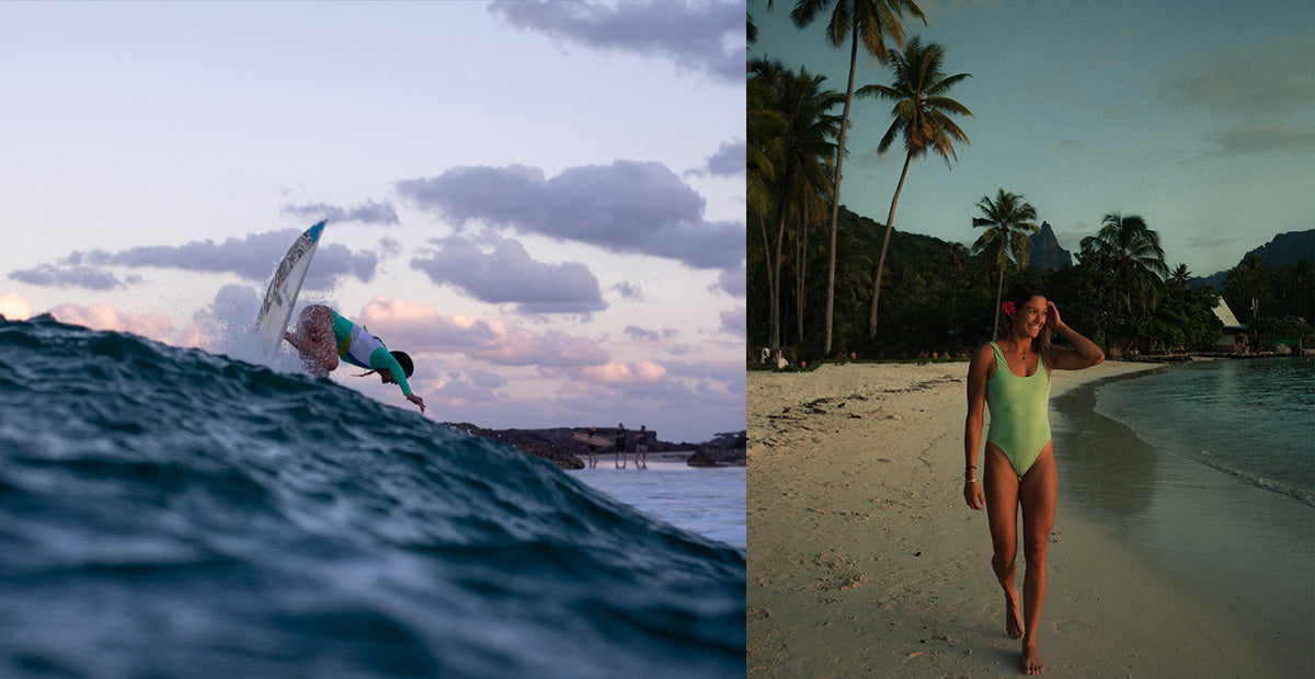 Marie surfing at snapper and walking in Tahiti wearing Dkoko surf bikinis