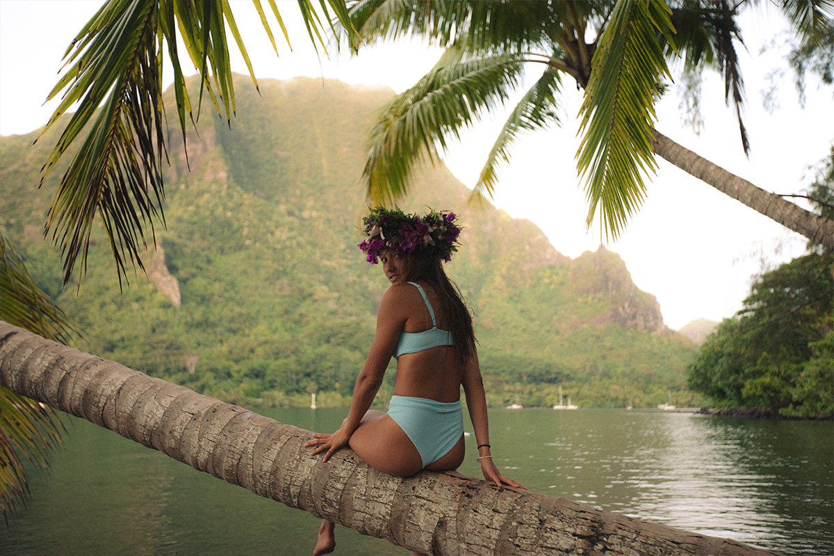 Marie Moana home in Tahiti wearing Dkoko sustainable swimwear