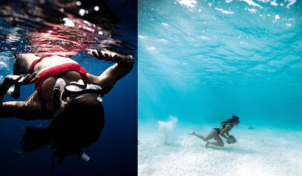 Marie walking underwater and snorkeling wearing our sports bikinis