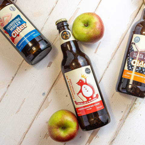 Flatlay of 3 cider bottles and apples. 