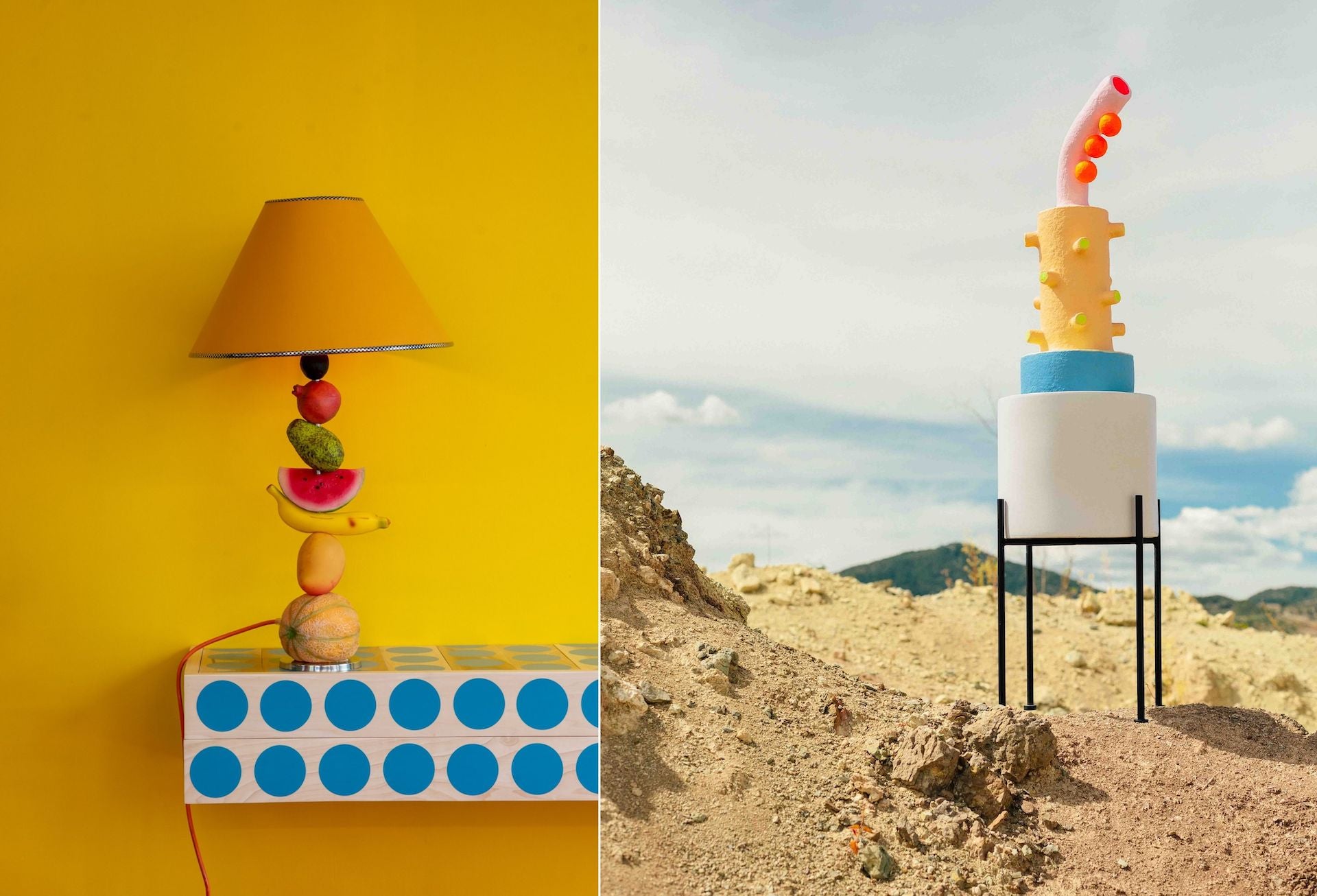 Left: Fruit Lamp by Fabien Cappello; Right: a sculpture by Chiaozza in collaboration with Monstruosus. Photos © AGO Projects