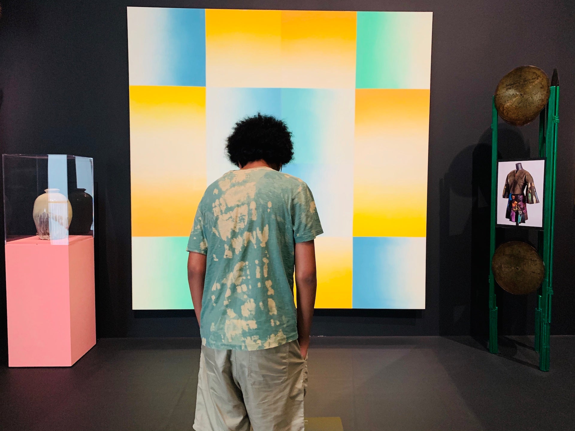 “This is a photo of my son Anwar at the Duro Olowu show Seeing at the MCA in Chicago, August 2020.” Photo © Stephen Burks