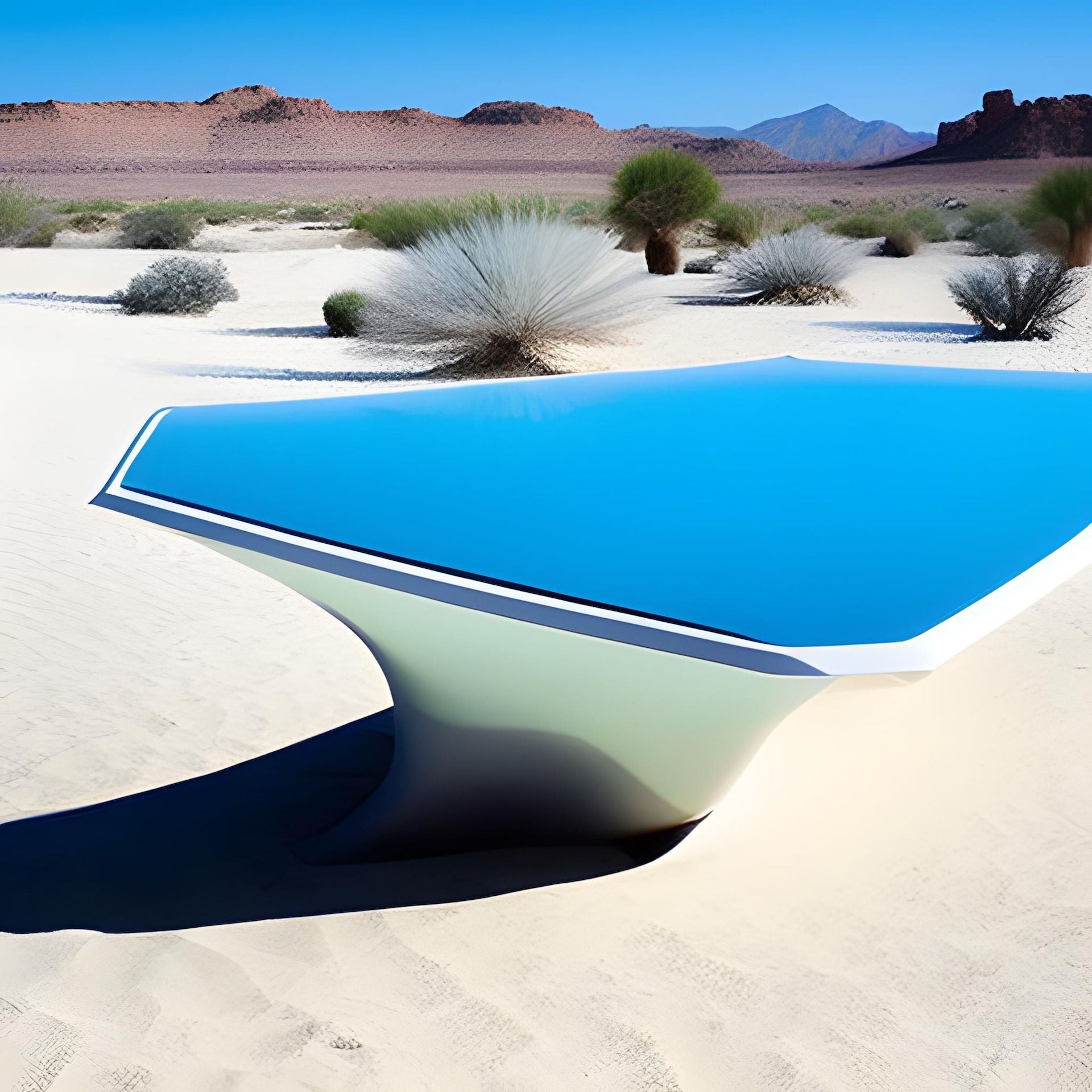 AI-generated image from prompt: "Aqua Table by Zaha Hadid in a desert." Via Canva