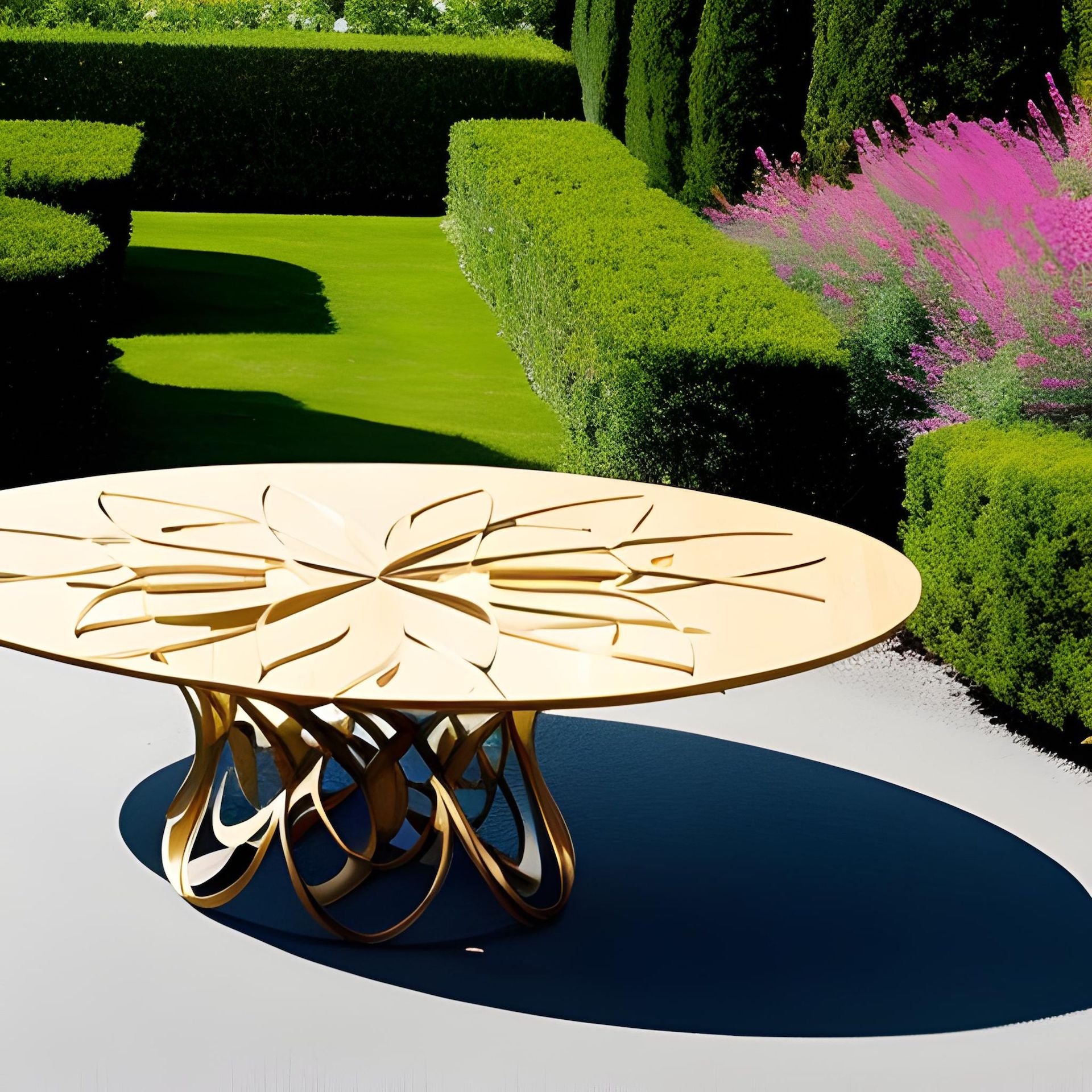 AI-generated image from prompt: "Arabesque Table by Carlo Mollino in a garden." Via Canva