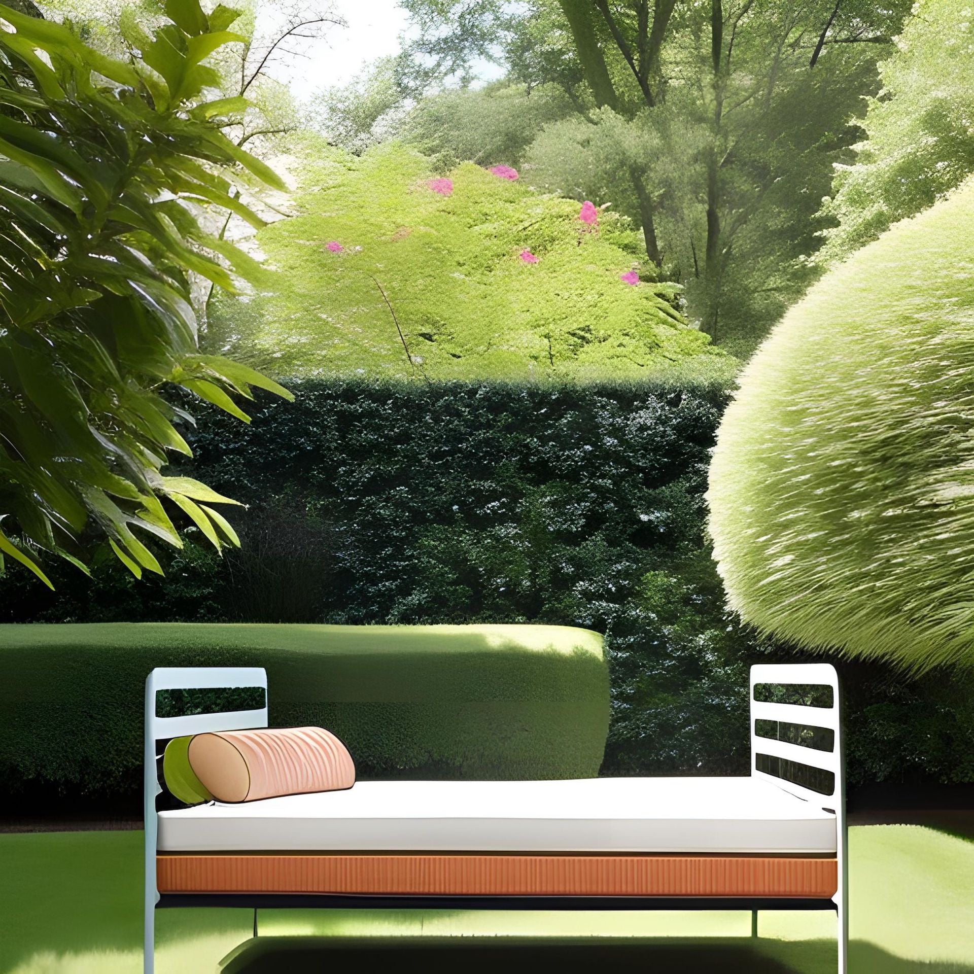 AI-generated image from prompt: "Cité Daybed by Jean Prouvé in a garden." Via Canva