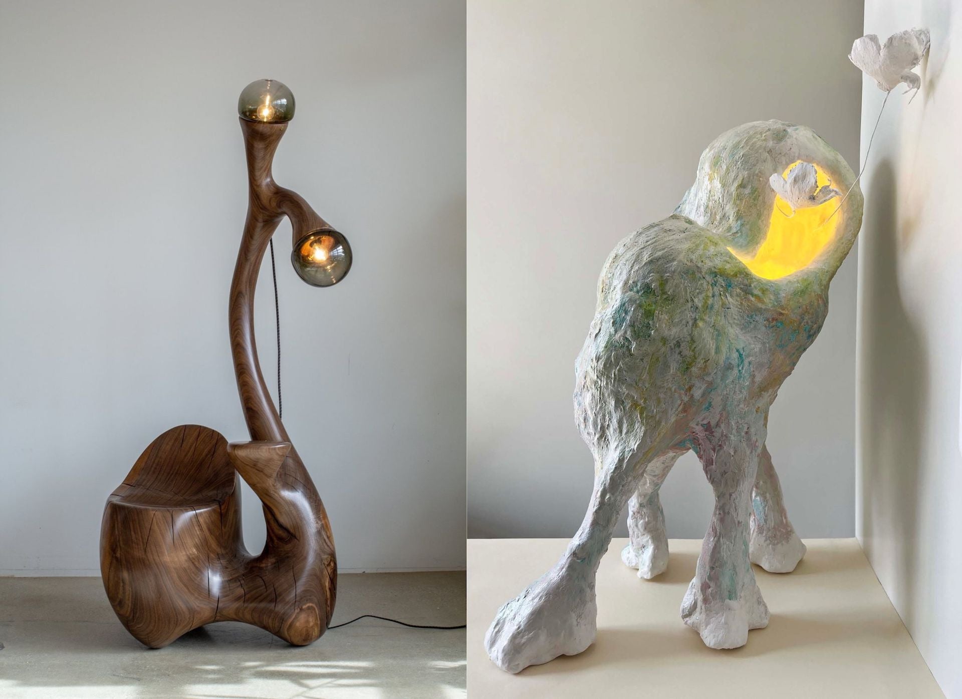 From left: Sculptural Floor Lamp by Aaron Poritz and Whisperer by Xiao Mao, on view this month at Cristina Grajales in New York. Photos courtesy of Cristina Grajales