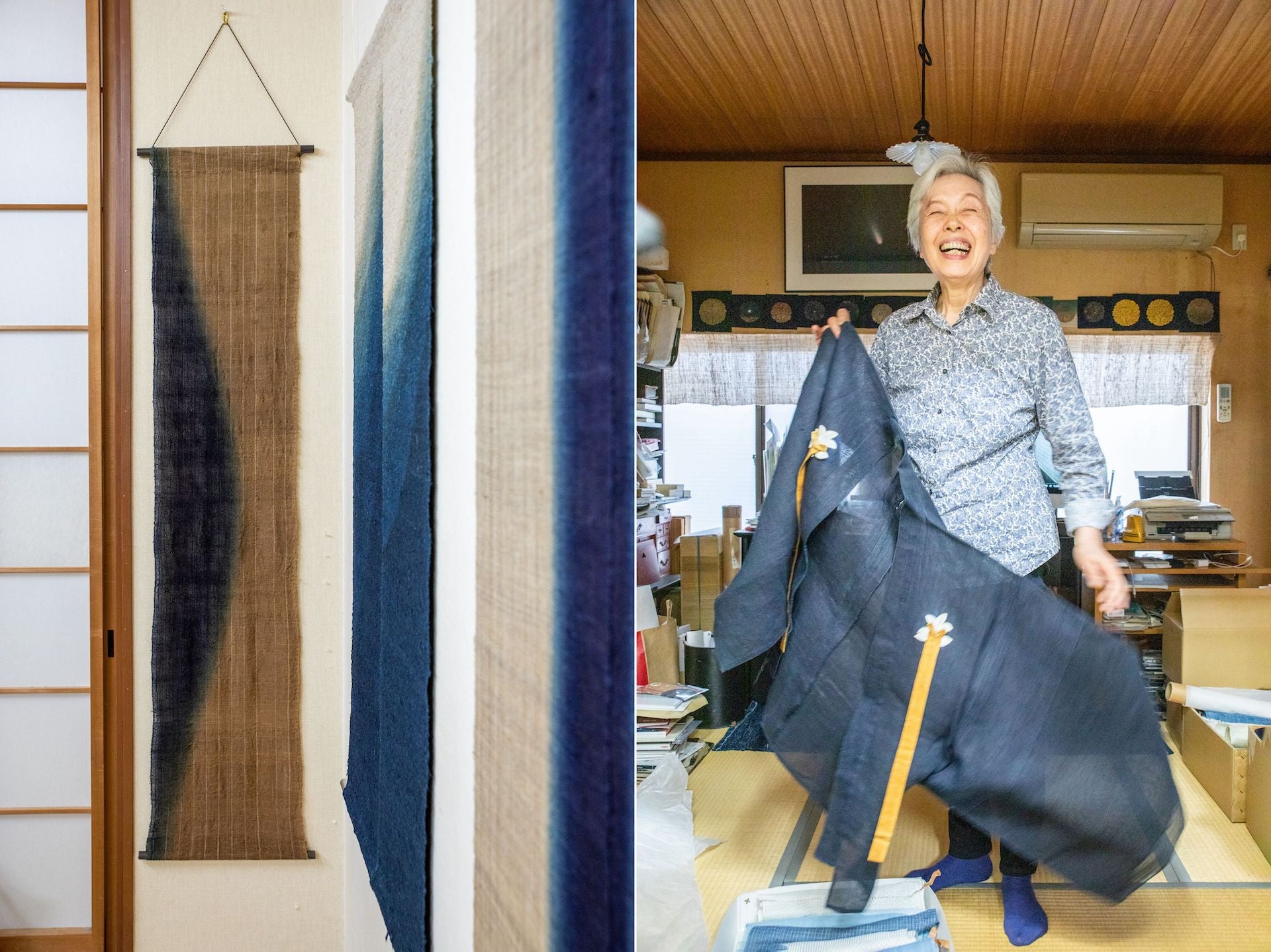 Fukumoto Shihoko and her indigo works in her studio. Photos © Mika Sasaki