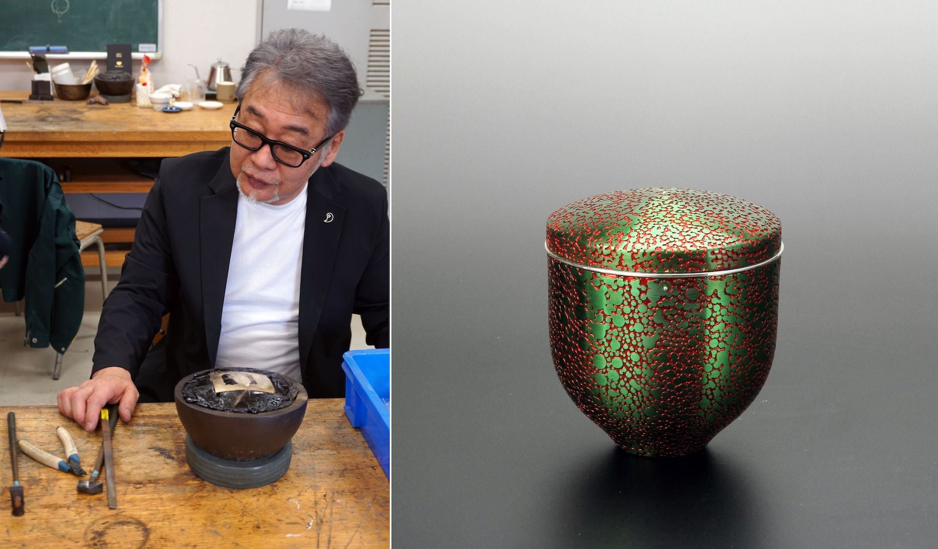 Hara Satoshi in his studio. Photo © Xinyi Zhang | Colorful Tea Caddy by Hara Satoshi, 2022. Photo © Onishi Gallery