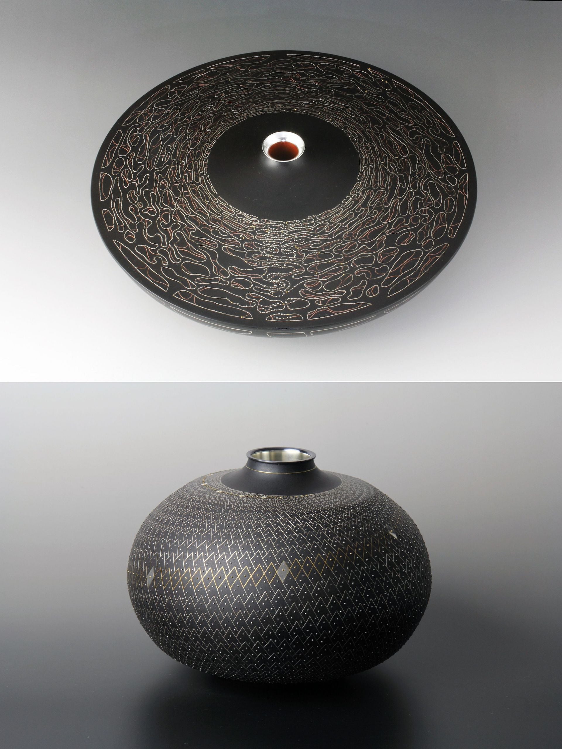 Flower Vase Minamozuki (Reflection of the Moon on Water), 2015, and Flower Vase Spiral Shell, 2017, by Hara Satoshi. Photos © Onishi Gallery